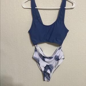 Blue and White Palm Print One Piece Swimsuit